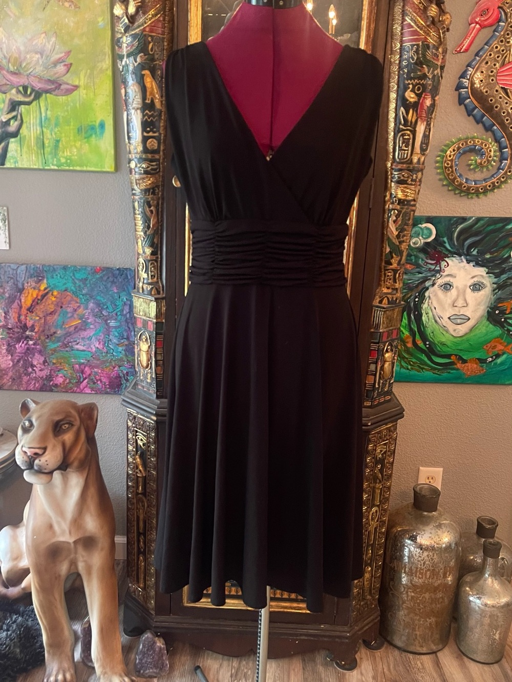 Aa Studio Black V-Neck Ruched Waist Midi Dress